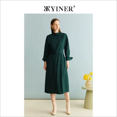 YINER音儿冬季女装绵羊毛法式设计感收腰A字通勤连衣裙图片