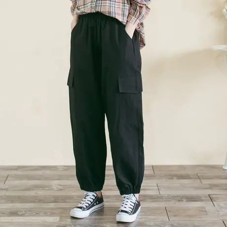胖妹妹春季复古棉质宽松哈伦裤加大码2023新款休闲工装裤200斤女图片
