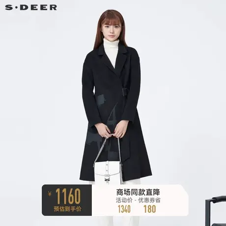 sdeer圣迪奥女装西装领撞色印花收腰毛呢大衣S23482520图片