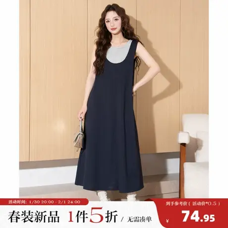 唐狮2026春季新款女无袖假两件连衣裙宽松拼接长裙藏青色简约通勤图片