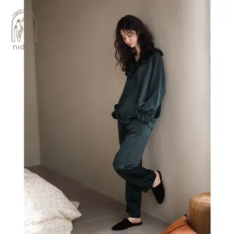 妮狄娅睡衣女春秋冰丝休闲长袖v领套头甜美荷叶边时尚家居服套装图片