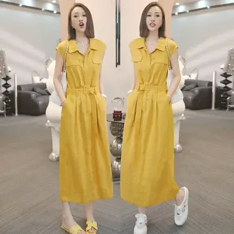 法式气质黄色腰带连衣裙女夏季2025新款高级感收腰绑带工装背心裙图片
