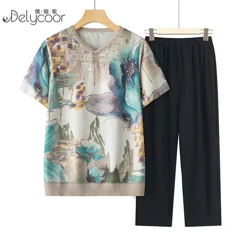 妈妈夏装冰丝套装洋气时尚中老年人女装夏天衣服奶奶短袖T恤上衣商品大图