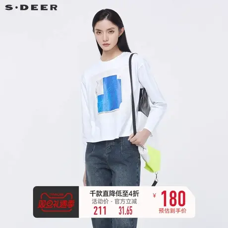 sdeer圣迪奥秋装时尚圆领撞色印花宽松白色T恤S22180217商品大图