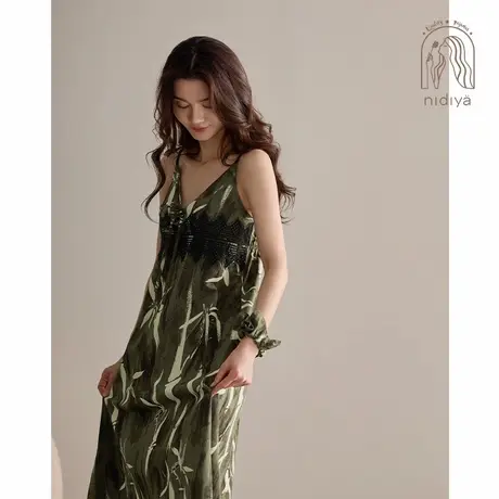 妮狄娅睡衣睡裙女夏季柔软棉性感v领吊带裙国风墨绿色外穿家居服图片