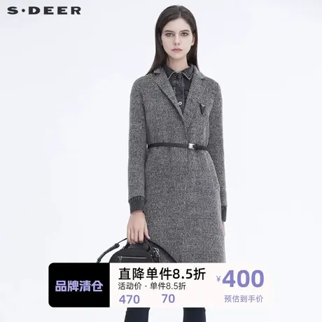 sdeer圣迪奥女装时尚牛仔拼接收腰假两件毛呢大衣S20481802商品大图