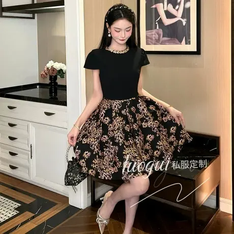绣花宫廷风拼接小黑裙夏季女装a字裙收腰显瘦高级感名媛连衣裙女图片