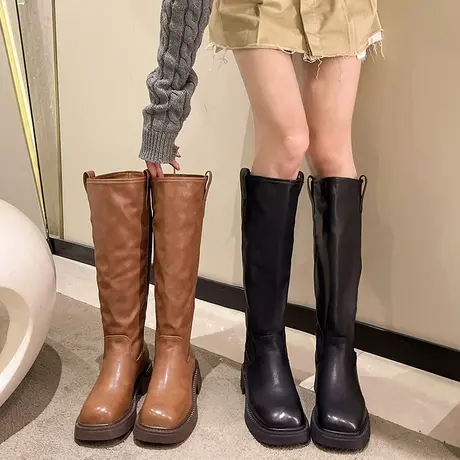 靴子女2023新款秋季高筒西部牛仔靴中跟粗跟复古炸街ins潮长筒靴商品大图