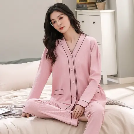 蝶安芬睡衣女春秋长袖开衫纯棉长裤休闲V领家居服套装2023新款图片