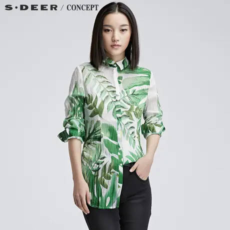 sdeer圣迪奥女2018冬装鲜艳印象主义植物印花衬衫S16480515图片