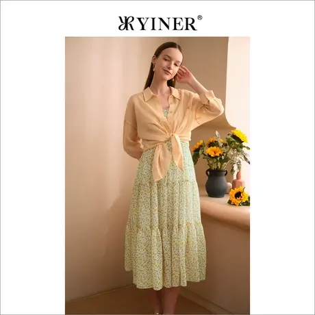 YINER音儿女装夏季法式收褶收腰印花吊带连衣裙图片
