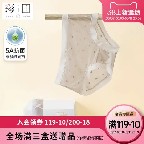 彩田新款夏季高透蕾丝透气植物印影蝴蝶结茶多酚抗菌裆女士三角裤图片