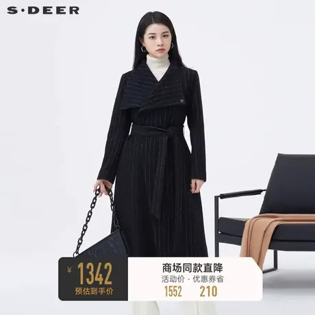 sdeer圣迪奥女装立领条纹收腰不规则毛呢大衣S23482519图片