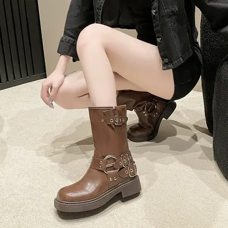 法式复古靴子女2025新款夏季配裙子显瘦粗跟短筒靴气质增高马丁靴图片