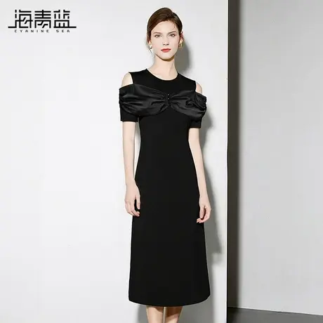 海青蓝 露肩连衣裙2025年新款夏季女装圆领纯色设计感女装裙子图片