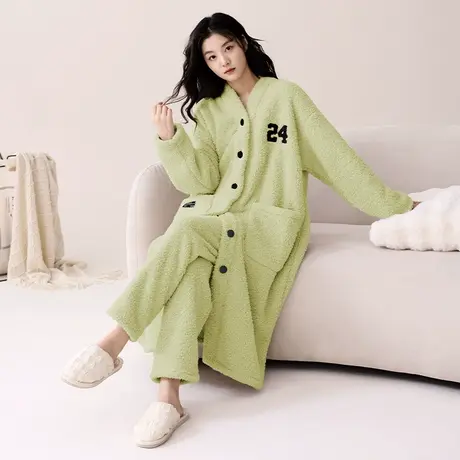 珊瑚绒睡袍女长款冬季加绒加厚2023新款女士睡衣秋冬款套装半边绒商品大图