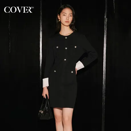 COVER2023秋季金属扣收腰小香风连衣裙图片