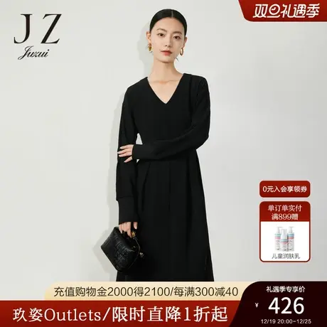 JZ玖姿职业通勤小黑裙女装2023春季新款肌理压褶连衣裙图片