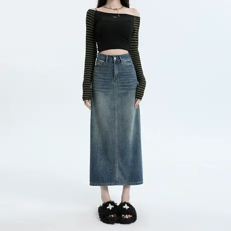 唐狮复古高腰牛仔半身裙女2024秋冬季新款时尚百搭后开叉包臀裙GT图片