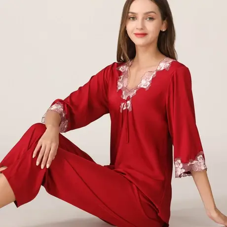 真丝睡衣女春夏秋长袖长裤薄款韩版丝绸家居服大码冰丝两件套装图片