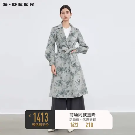 sdeer圣迪奥女装西装领收腰印花双面呢长款大衣S23482502图片