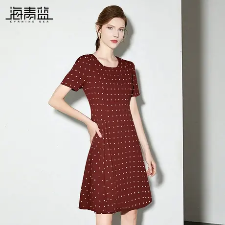 海青蓝 短袖波点连衣裙2025年新款高级中长款设计感女装圆领裙子图片