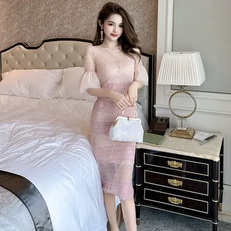 网纱微透镂空设计感漂亮连衣裙优雅温柔淑女修身喇叭袖遮肉包臀裙图片