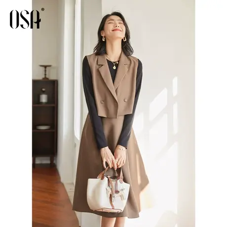 OSA欧莎假两件连衣裙女早春装2023年新款中长款马甲裙子两件套装图片