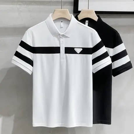 高端短袖Polo衫男2023夏季潮牌男装条纹撞色修身半袖帅气翻领t恤图片