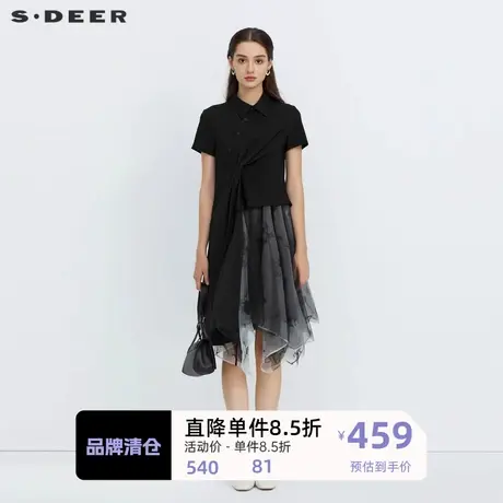 sdeer圣迪奥女装斜襟印花网纱拼接衬衫连衣裙S222Z1226图片