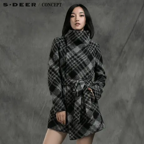 sdeer圣迪奥专柜正品女装格纹毛呢系腰带毛呢风衣大衣S14481724图片