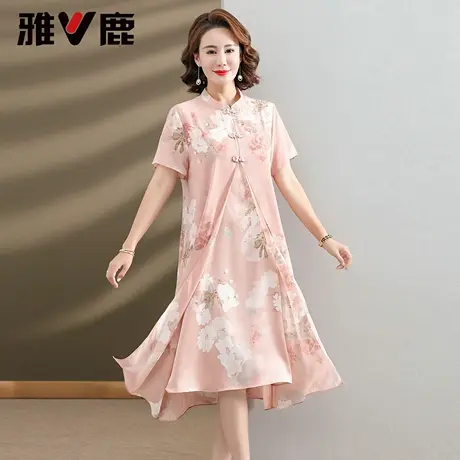 雅鹿妈妈装轻薄连衣裙女2025夏新款印花休闲减龄中老年气质长裙子商品大图