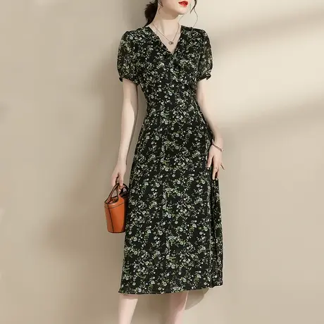 水墨青华夏季新品时尚显瘦中长款印花裙百搭短袖东风纱连衣裙图片