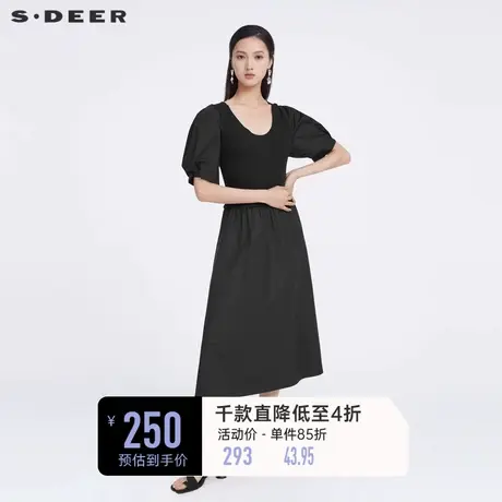 sdeer圣迪奥夏季圆领针织拼接泡泡袖黑色连衣裙女S222Z1209图片