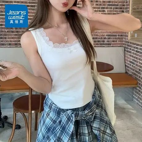 KP真维斯2025夏季新款女士纯色甜美方领蕾丝无袖文胸一体吊带背心图片