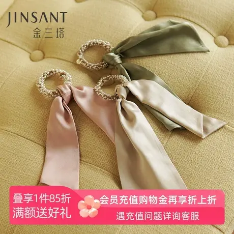 珠光珍珠】金三塔100%桑蚕丝发圈法式双层真丝珍珠点缀飘带发绳图片