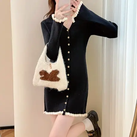 唐狮秋冬季毛衣女撞色边设计V领显瘦连衣裙慵懒风毛线衫TU图片