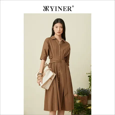 YINER音儿女装夏季收腰飘带别致短袖法式衬衫连衣裙图片