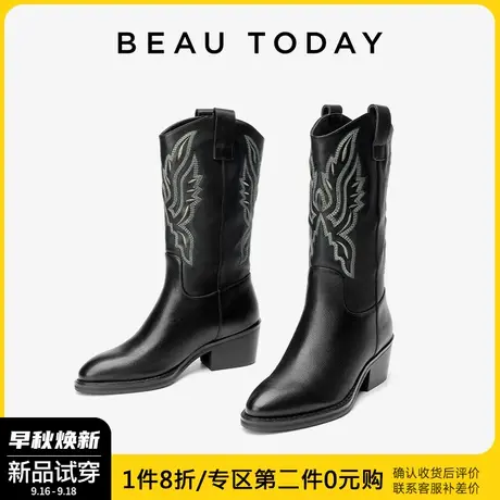 BeauToday英伦风骑士靴女2023新款秋季西部牛仔靴复古粗跟长筒靴商品大图