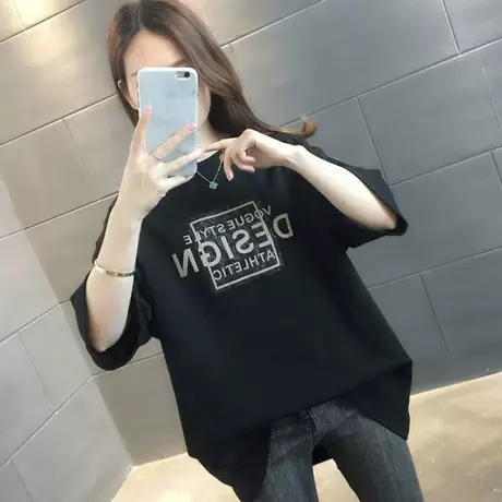 黑色短袖t恤女装夏季新款胖mm大码宽松韩版洋气体桖半袖上衣200斤商品大图