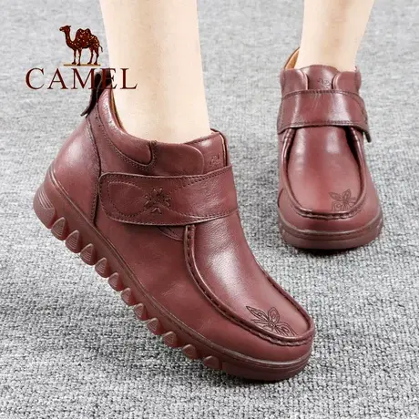 Camel/骆驼女鞋冬季真头层牛皮加绒保暖舒适平底防滑休闲妈妈靴子图片