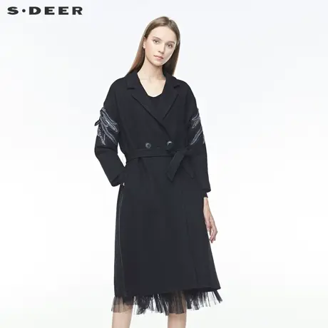 sdeer圣迪奥冬季休闲平驳领字母绣花开衩收腰毛呢大衣女S19481851图片