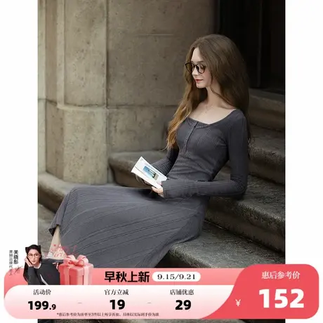 唐狮2025年初秋长袖连衣裙高级感女气质优雅法式女士净色圆领显瘦图片
