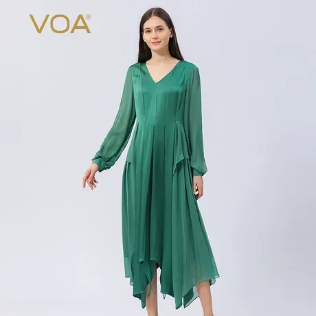 VOA100%真丝40姆米双面缎V领长袖褶皱乔其面料拼接桑蚕丝连衣裙图片
