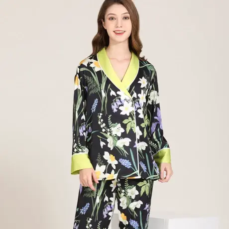 睡衣女春夏秋季冰丝薄款长袖长裤真丝绸中国风家居服夏季大码套装图片