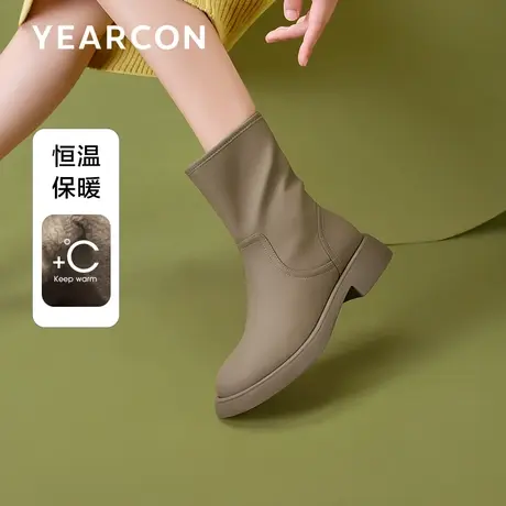 意尔康短靴女平底低跟中筒靴子2023圆头侧拉链皮靴英伦风时装靴图片