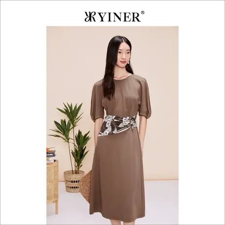 YINER音儿女装夏季复古圆领优雅收腰修身连衣裙图片