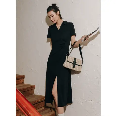 弥古黑色针织棉t恤连衣裙收腰显瘦女夏高级感开叉裙子小众设计感图片