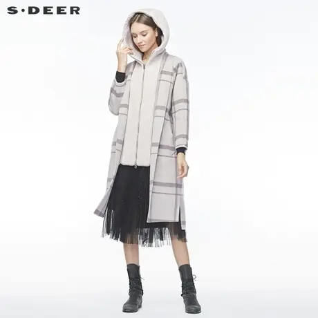 sdeer圣迪奥女装休闲针织连帽拼接英伦格纹插袋毛呢大衣S19481832图片