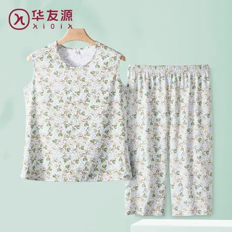 睡衣女夏季纯棉女无袖背心短裤妈妈薄款套装中老年人两件套家居服图片